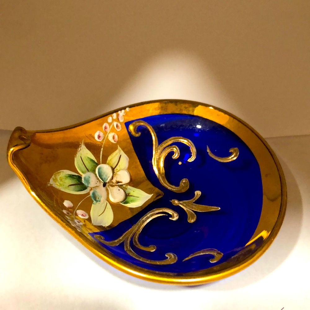 Bohemian,cobalt glass,trinket dish,teardrop shape,gilt ,enamel.
